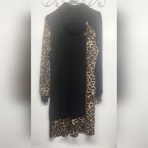 Suzanne Betro sz L cowl neck black w/cheetah contrasting Retro & classy dress